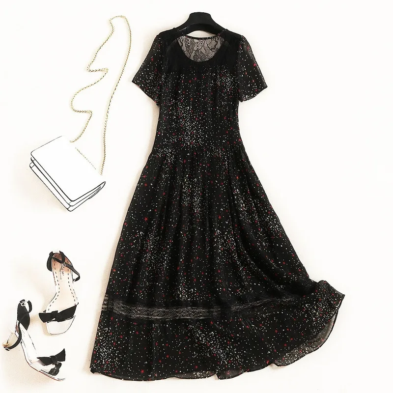 Shuchan Dress Female Summer A-line Print Stars Chiffon Patchwork Lace Sexy Mid-Calf Vestidos Mais Vendido High Quality 11600