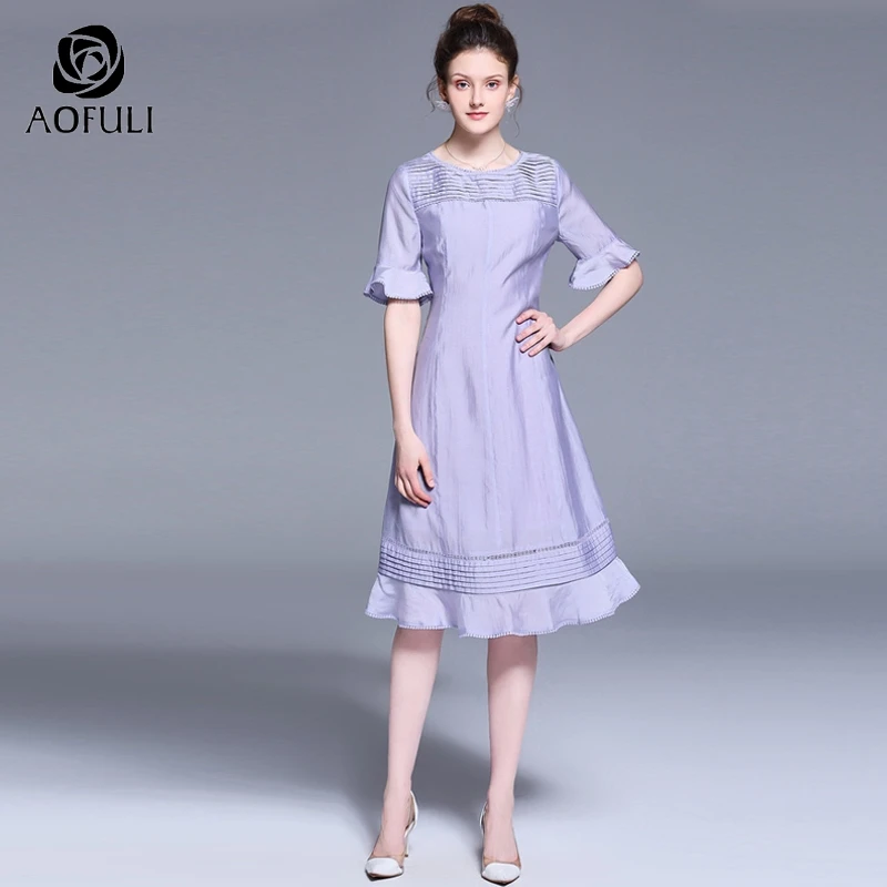 

AOFULI L~ 4XL 5XL purple ruffled summer midi dress silky pleated short sleeve mid-calf length plus size women clothing A3976