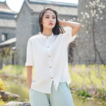 

Summer Women Solid Color Button T-shirt Tops Casual Solid Color O-Neck Short Sleeve Retro Loose Mori Girl Fall Shirt