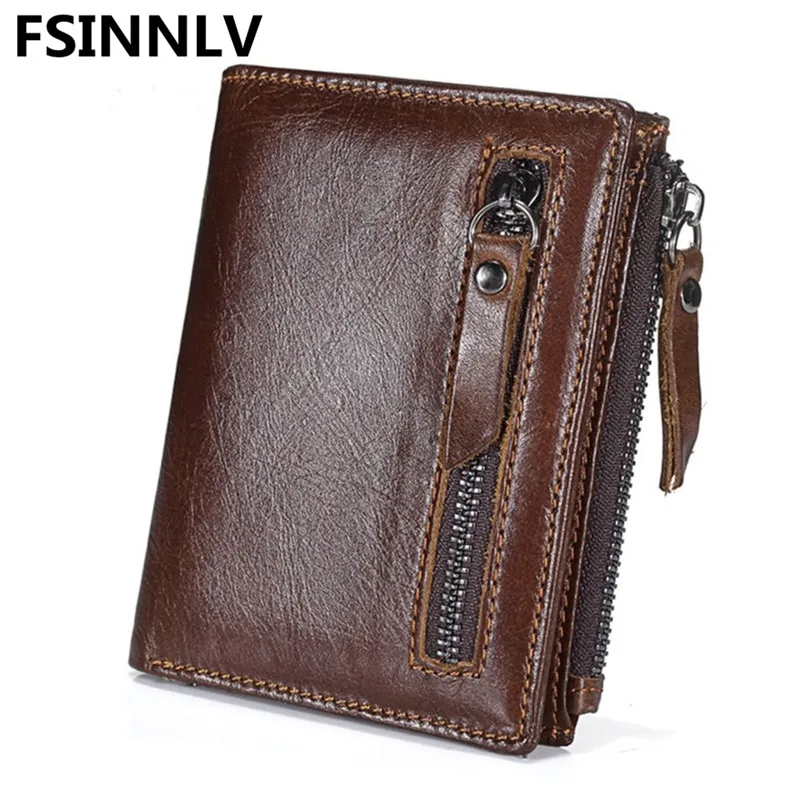 

FSINNLV New Genuine Leather Short Men Wallet Clutch Double Zipper Coin Purse Vintage Bifold Male Wallet Card Holder Wallet HB83