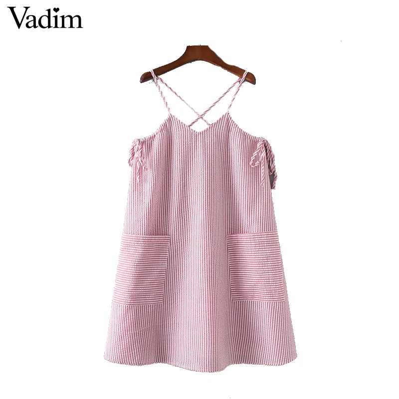 Vadim v шеи лишенный спагетти ремень shift dress low cut лук галстук шнурок карманы