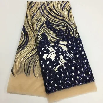

New Arrival African Guipure Material Royal Blue / Black Nigeria French Lace Chemical Fabric High Quality Sequins Lace Fabric