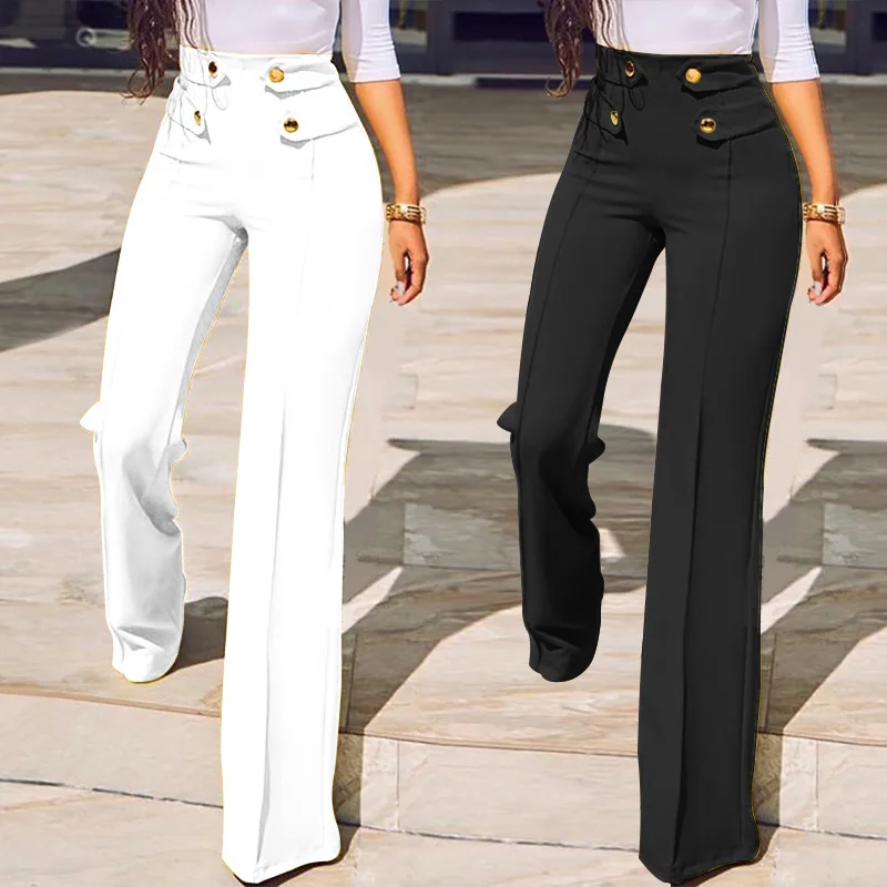 Pantalones elegantes de mujer Celmia 2019 Primavera Verano sólidos botones cintura alta pierna ancha pantalones oficina para mujer pantalones ajustados rectos para mujer - AliExpress Ropa de mujer