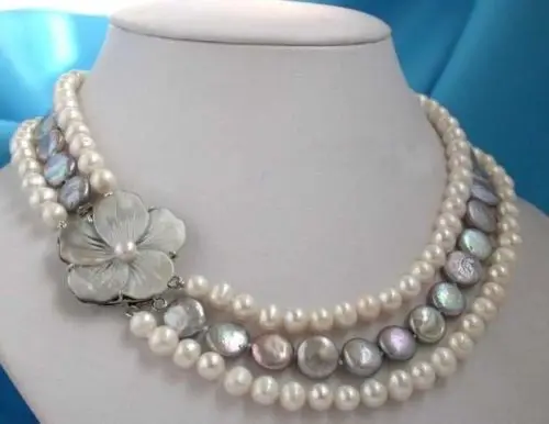 

huij 001351 Real pearl & coin pearl necklace&shell flower clasp