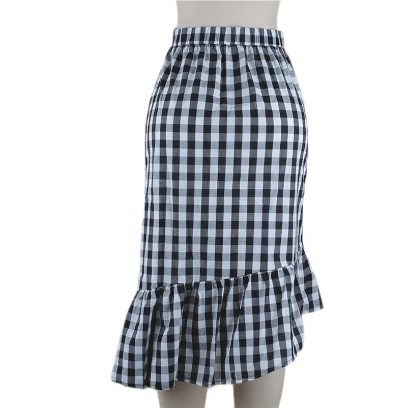 New Fashion 2018 Summer style skirts womens Plaid Casual Ruffled Button Party Slit High Waist Mid-Calf Skirt Femme Saia Y18#N (2)