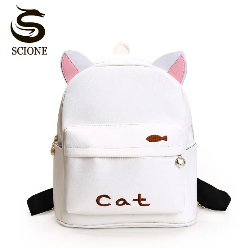 Women PU Cute Leather Backpack RabbitBearCat Backpack with Ear Kawaii Bookbag Embroidery Backpacks for Teenage Girls Schoolbag