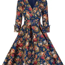 Очаровательный 1950-х годов Винтаж Цветочный принт Хепберн Стиль глубокий v-образный вырез 3/4 Половина рукава рокабилли Свободное платье с поясом на талии