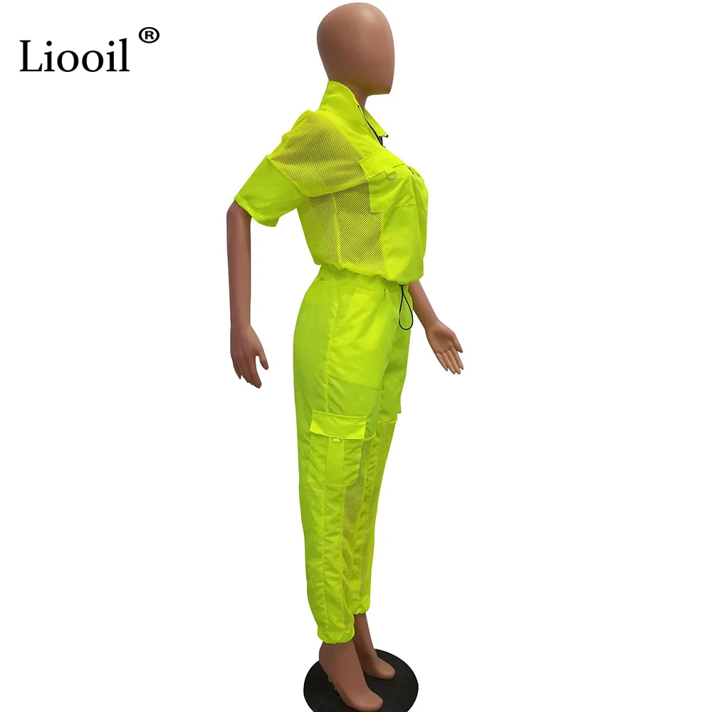 Liooil неоновый зеленый комплект из двух частей для активного отдыха, женский укороченный топ и длинные штаны,, модная новая сексуальная летняя Клубная одежда, спортивный Спортивный костюм