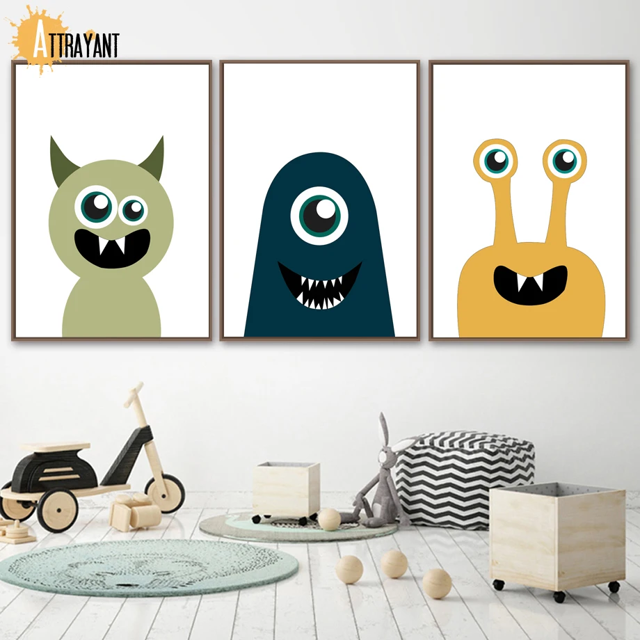 Cartoon One eyed Green Monster Wall Art Canvas Painting Nordic Posters