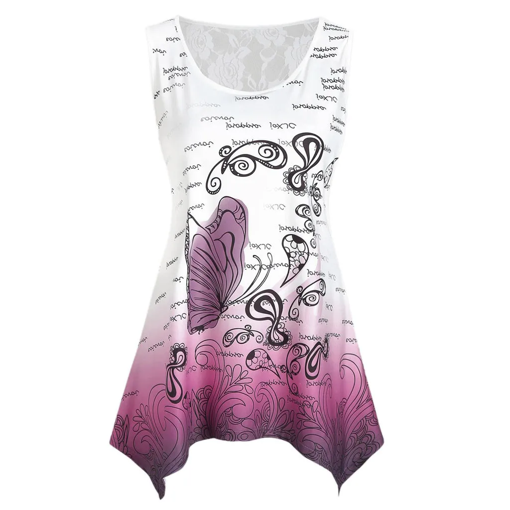 

Womens Sleeveless Lace Panel Butterfly Print Tank Top Casual T-Shirt Blouse Vest Fashion Blouse Sleeveless Gilet quotidien#XX