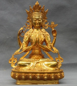 

xd 003213 11"Tibet Buddhist Bronze Copper gilt Four Arms Chenrezig Kwan-Yin Bodhisattva