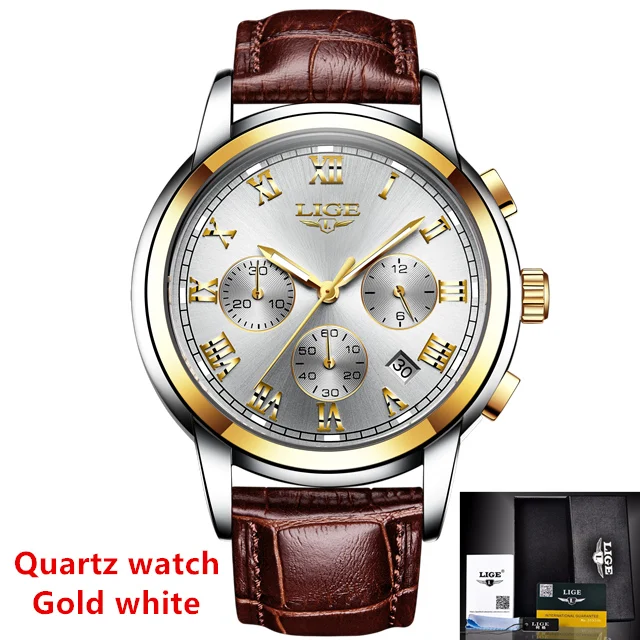 LIGE мужские часы Лидирующий бренд Роскошные автоматические механические часы мужские часы Tourbillon водонепроницаемые спортивные часы Relogio Masculino подарок - Цвет: leather gold white