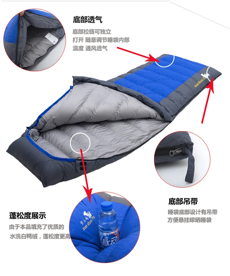 Recheio de Pato para Baixo Chegada de Alta Acampamento ao ar Xueshanfu 1800 e 2000 e 2200g Branco Novo Qualidade Livre Respirável Confortável Dormir Saco 9 Cheap Sacos de dormir
