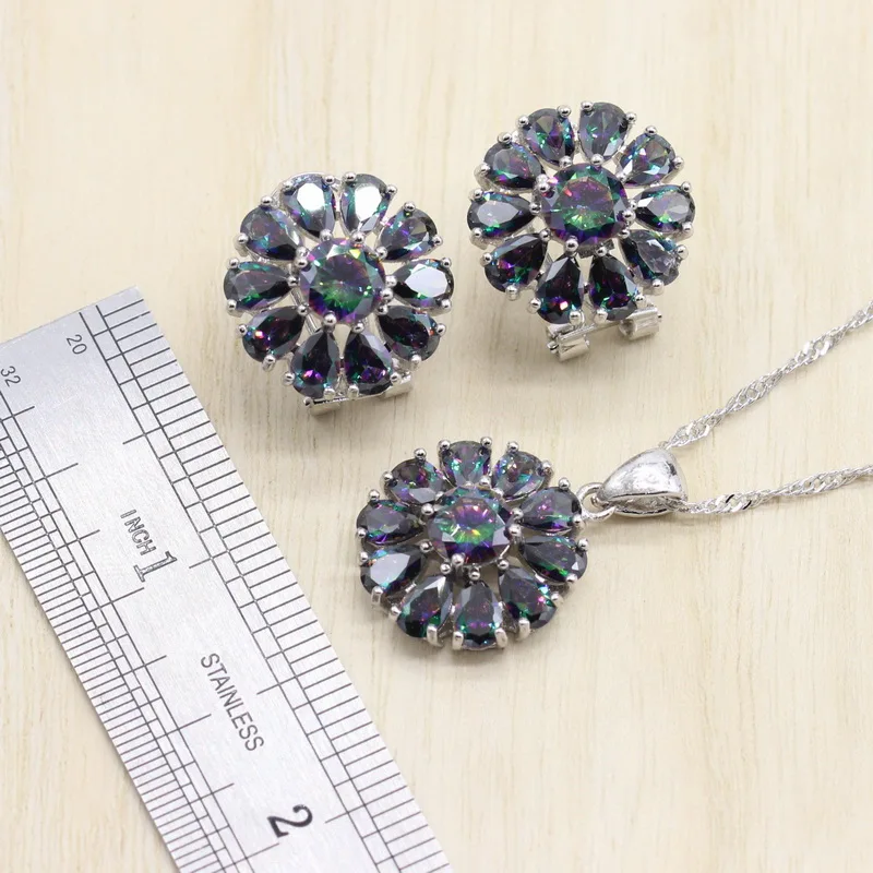 925 пробы серебряные Ювелирные наборы в форме цветка радужные кубические циркониевые серьги-гвоздики кулон ожерелье ювелирные изделия