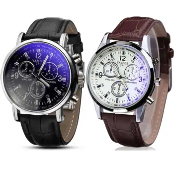 

2PC Luxury Fashion Faux Leather Mens Blue Ray Glass Quartz Analog Watches Leather Band Watches Men Top Brand Free shipping 50p