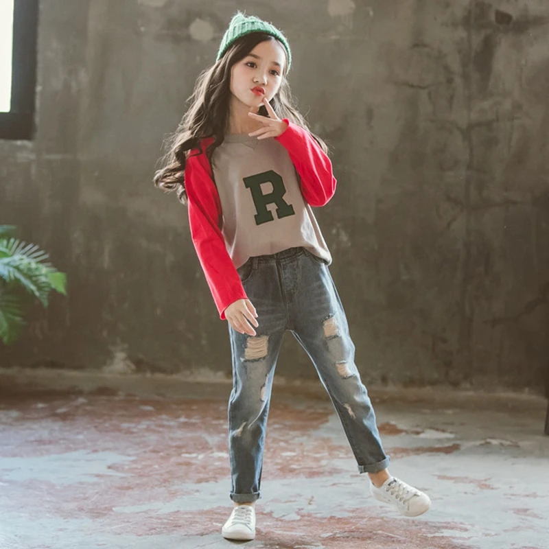 

Children's Suits Spring Denim Sets For Teen Girls Clothes Letter Tops Cotton Long Sleeve T-shirts+Pant Trousers Split Jeans Hole