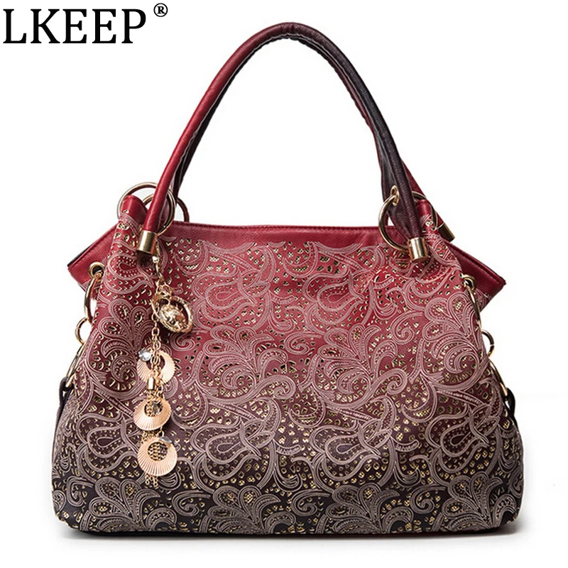 Women handbags hollow out ombre floral print shoulder bags ladies pu