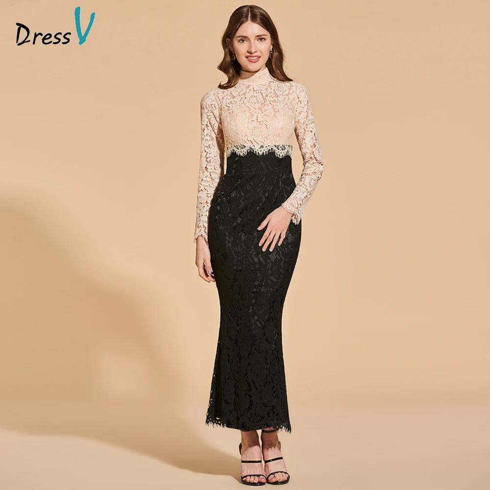 

Dressv cocktail dress elegant high neck ankle length button mermaid appliques lace wedding party formal dress cocktail dresses