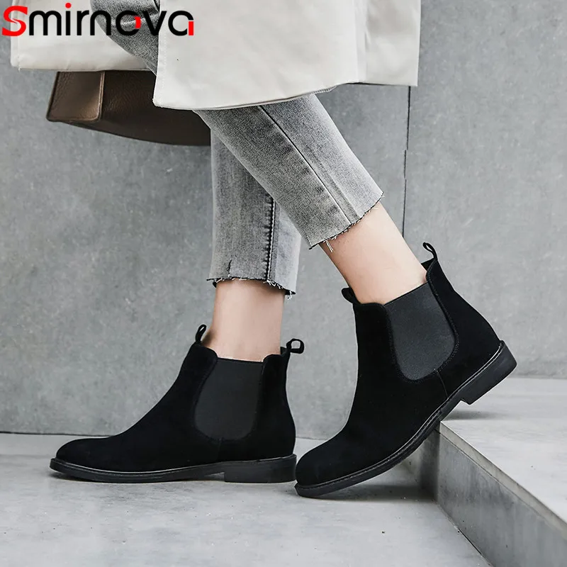 Goede Smirnova zwarte mode herfst winter laarzen vrouwen ronde neus lage hak lederen laarzen casual big size enkellaarsjes