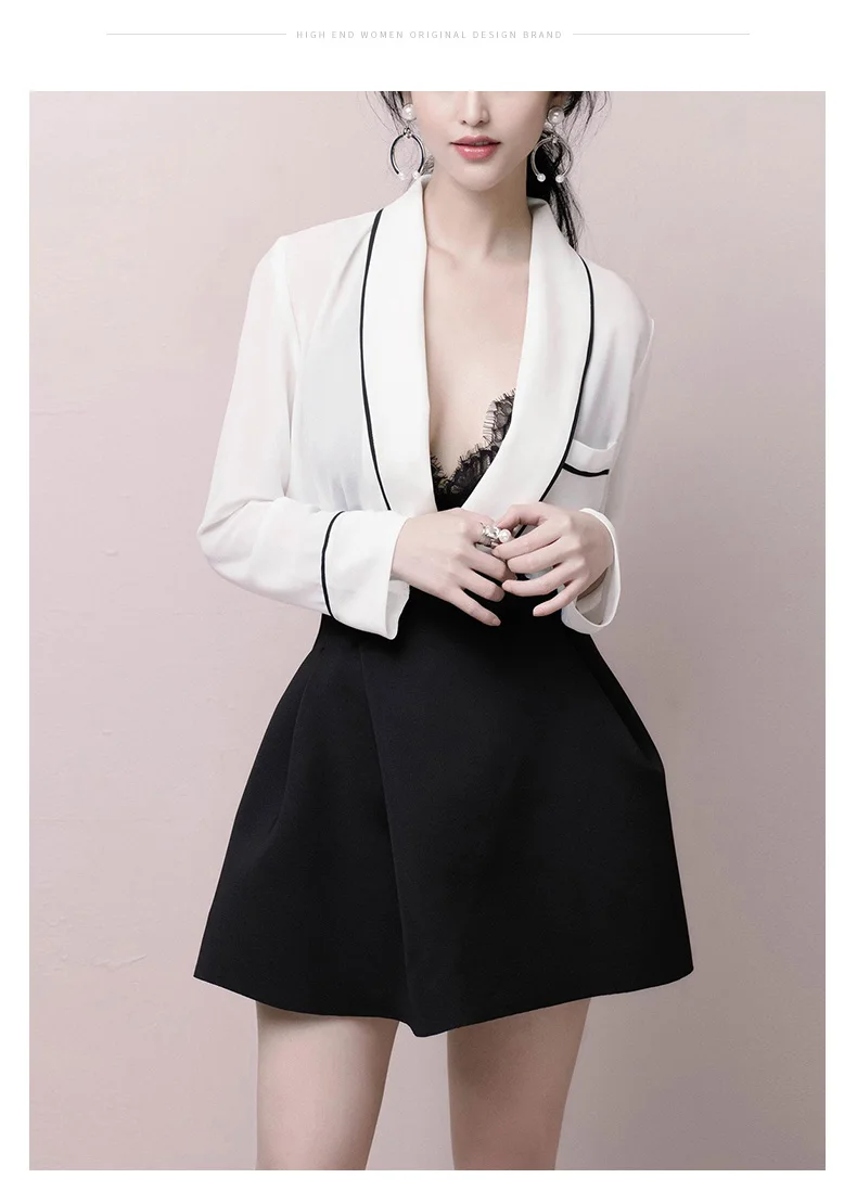 Элегантный офис 2 шт. наряды для женщин 2019 белый v-образный вырез с длинным рукавом Топ + Высокая талия черная мини-юбка комплект из двух