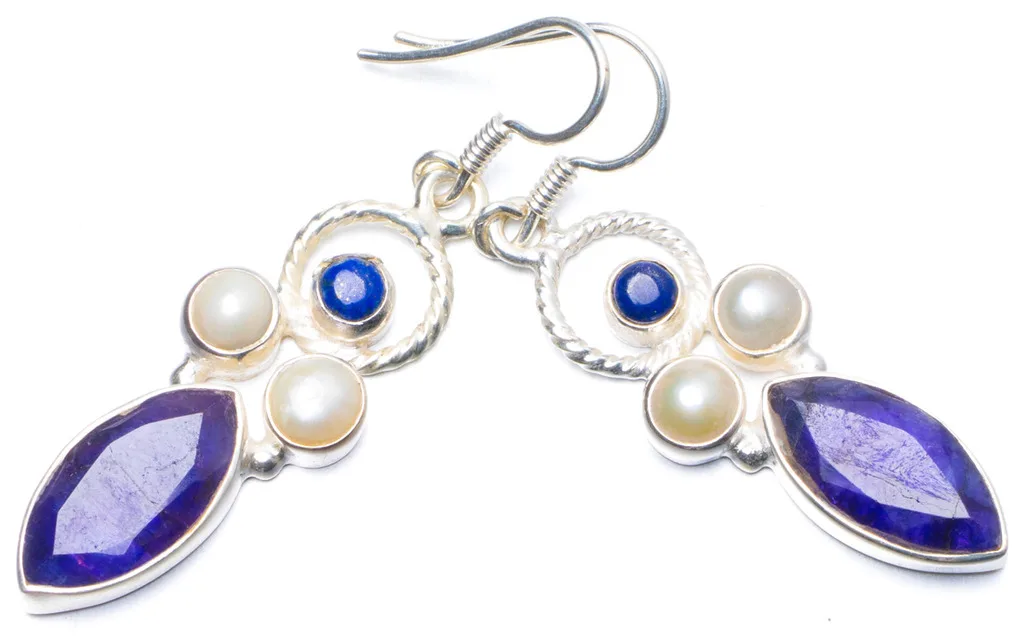 

Natural Sapphire and River Pearl Handmade Unique 925 Sterling Silver Earrings 2" Y0679