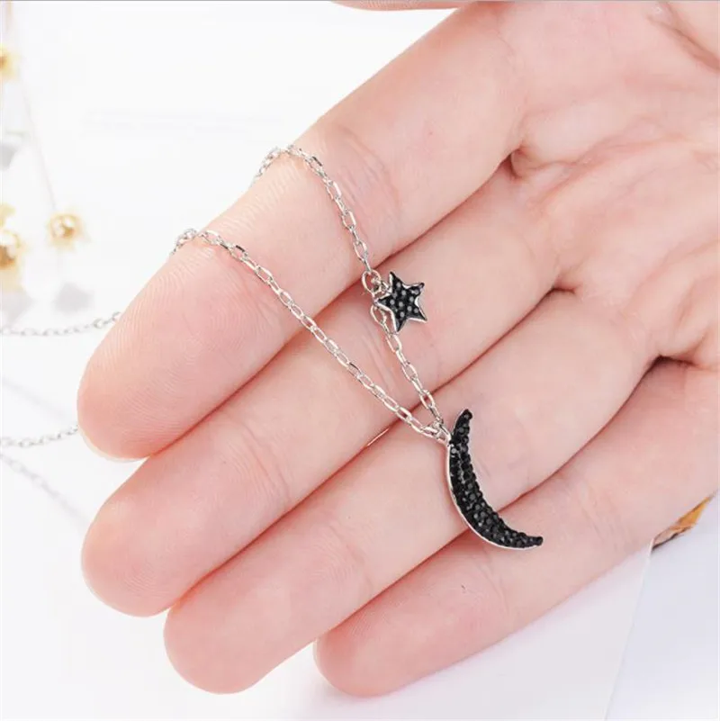TJP New Fashion Zircon Black Moon Star Female Pendants Necklace Jewelry Women 925 Silver Choker Necklace For Girl Accessories
