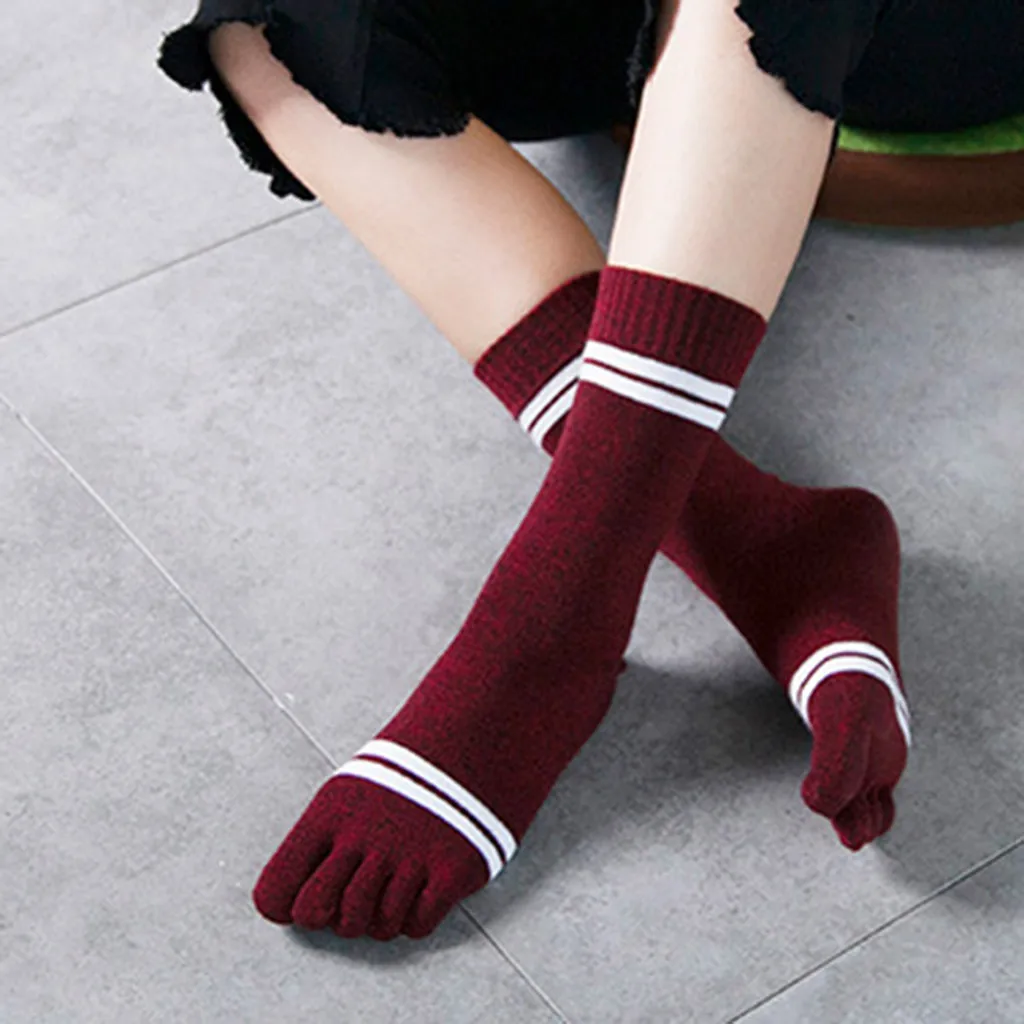 Новый дизайн, женские полосатые толстые носки с пятью пальцами, Разноцветные носки, теплые хлопковые носки, подарок на Новый год
