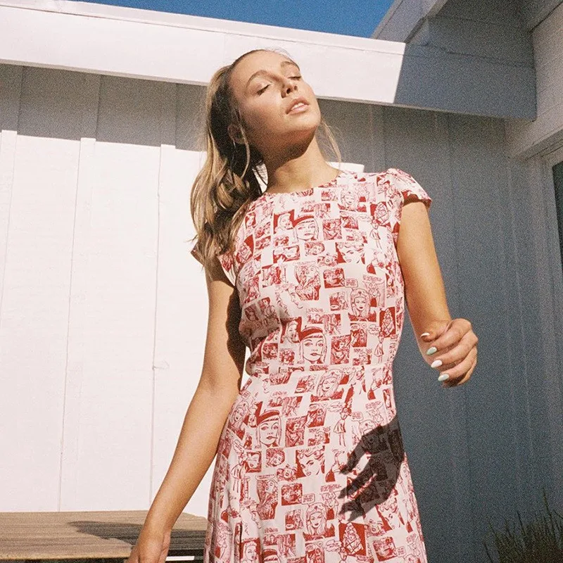 

O-neck Cartoon Printed Women Chiffon Dress High Street A-line Midi Dress Ladies Summer Streetwear Sexy Beach Dress cwd0515-5