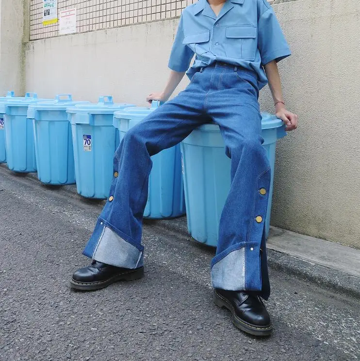 XS-2XL! Оригинальные Мужские осенне-зимние брюки с открытой вилкой, складывающиеся винтажные расклешенные джинсы - Цвет: Синий