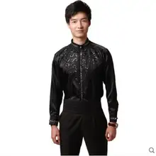 Черная Модная тонкая рубаха мужские рубашки с длинными рукавами Подростковая Корейская рубашка с блестками мужская индивидуальность сценический для певца танец Стенд воротник