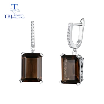 

TBJ,Natural emerald cut 15ct smoky quartz clasp earring simple elegant design 925 sterling silver jewelry for women wife gift