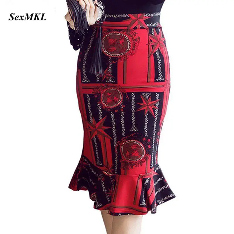 

S-5XL Women Skirts 2019 Winter Elegant Sexy High Waist Skirt Vintage Office Ladies Formal Print Long Pencil Skirts Red Plus Size