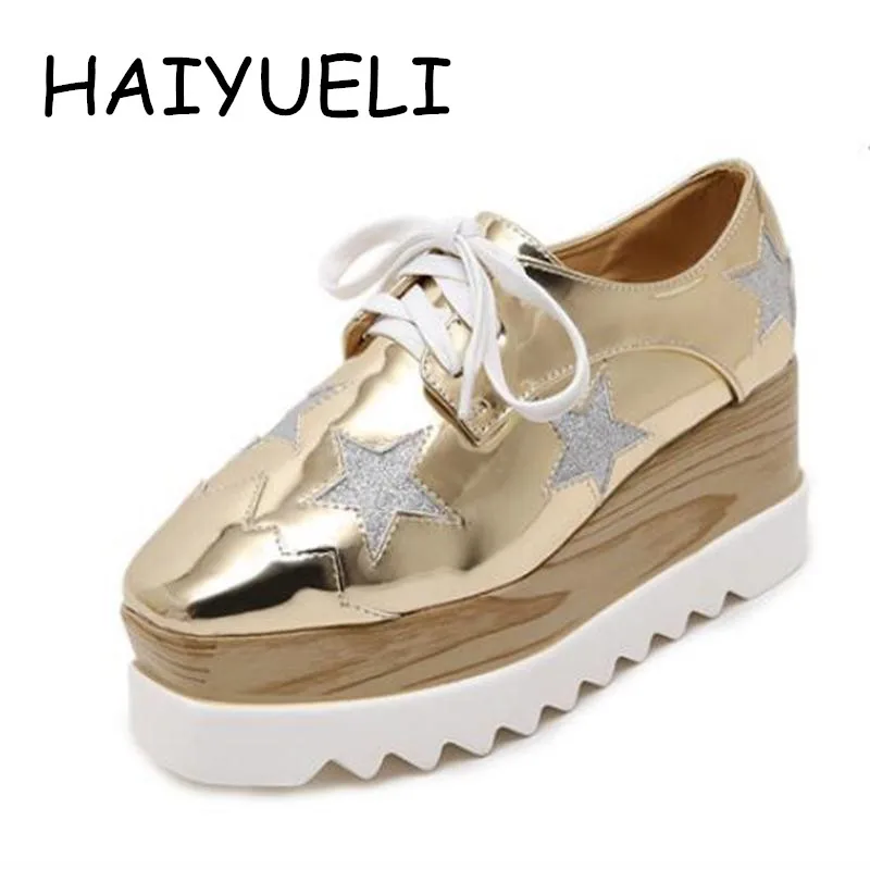 

HAIYUELI Women Platform Shoes Oxfords Brogue Patent Leather Flats Lace Up Shoes Vintage Luxury Light soles Casual Shoes Golden