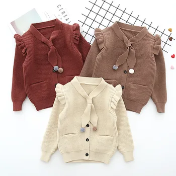

Kids Girl Autumn Coat 2018 Winter Children Girls Ruffle Shoulder Pocket Design Sweaters Toddler Cardigan Clothes