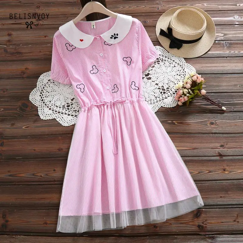 

Mori Girl Summer Women Dress Peter Pan Collar Short Sleeve Mesh Patchwork Vestidos Femme Embroidery Blue Pink Striped Dress