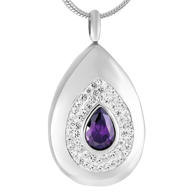 

IJD9392 New Design Purple Crystal Teardrop Stainless Steel Cremation Pendant Holder Keepsake Ash Urn Memorial Jewelry for Women
