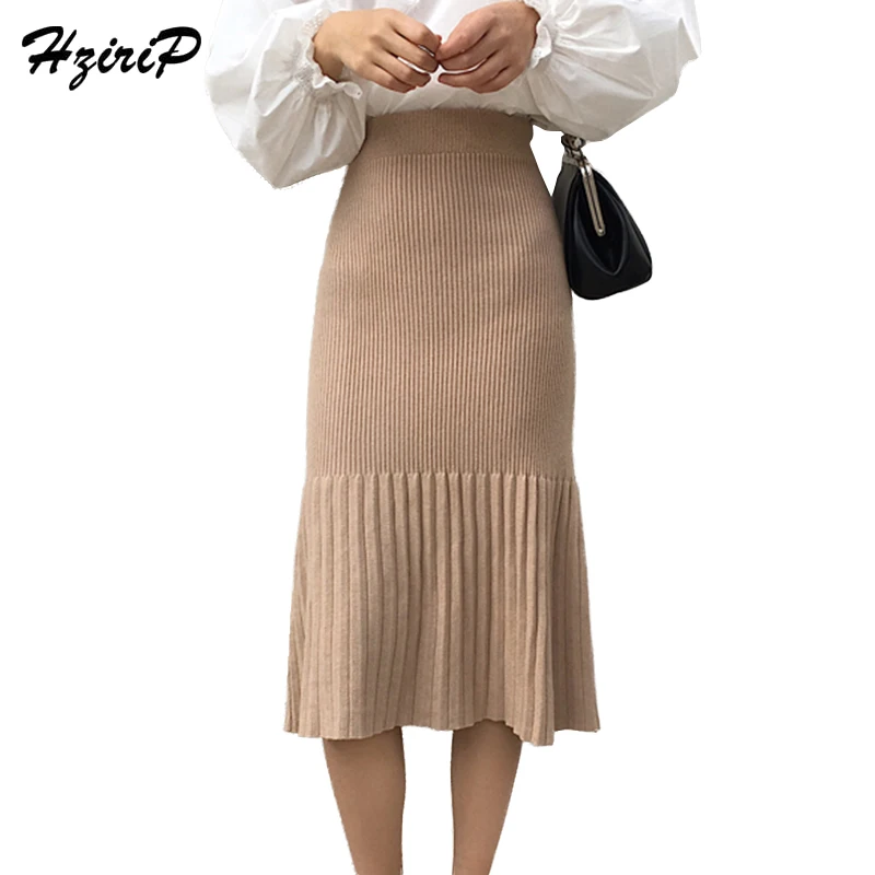 

HziriP Stretch Knitted High Waist Skirts Womens 2018 Fashion Rretro Autumn Winter Jupe Thick Lazy Pleated Fishtail Skirt Female