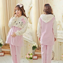 Winter Plus Size Cartoon Lovely Hello Kitty Thick Flannel Nursing Maternity Clothing Pyjamas Pregnancy Breast Feeding