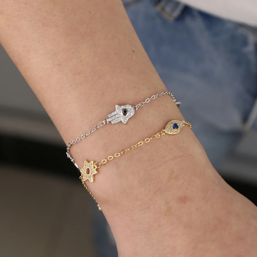 Новинка, многослойная цепочка, ювелирное изделие, три фианита, рука Хамса, сглаза, нежный цветок, браслеты для милых девушек, шикарные вечерние ювелирные изделия