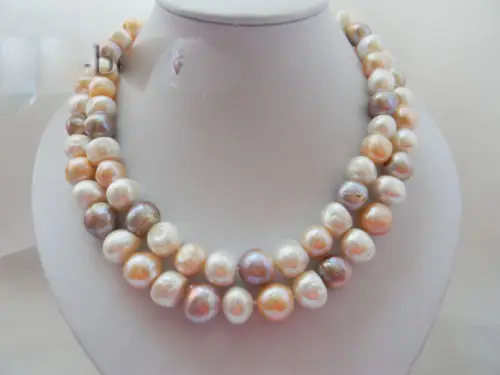 

Jewelr 006453 2Strands 12-15mm Baroque White Pink Lavender Freshwater Pearl MABE Clasp Necklace