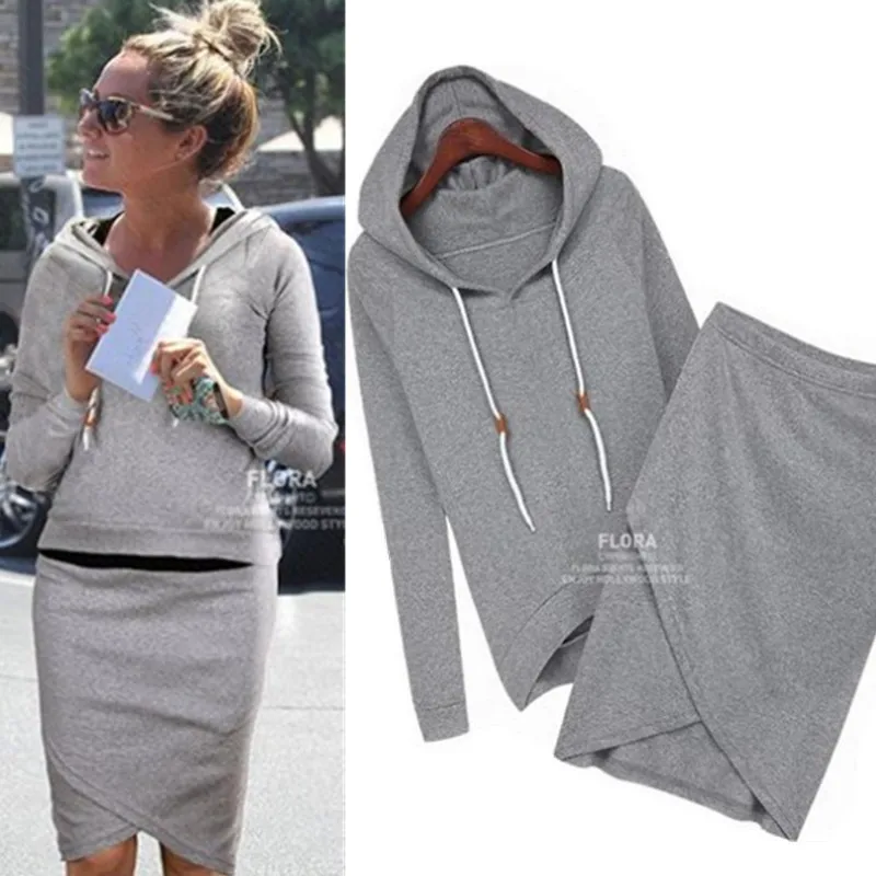 

2018 Leisure Set Spring Long Sleeve Pure Color Hooded Sweatshirts Irregular Half-length Skirt Two-piece Set Plus Size