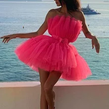 Сетчатое прозрачное многослойное дизайнерское мини-платье для вечеринки женское однотонное розовое милое платьице Лето с открытыми плечами с высокой талией платья vestidos