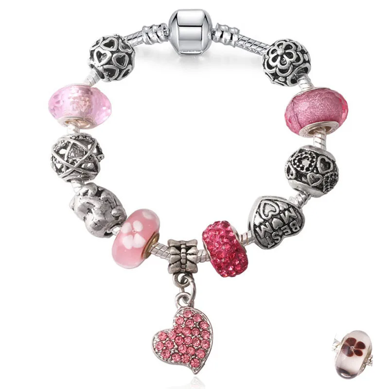 

Valentine's Gift Unique Silver Plated Jewelry Heart charm Bracelet Bangle European Crystal Charms Beads Bracelet For Women