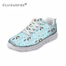ELVISWORD/Женская обувь на плоской подошве; Летняя обувь из сетчатой ткани для медсестер; женская обувь с 3D-принтом; милая синяя дышащая удобная обувь на шнуровке; кроссовки