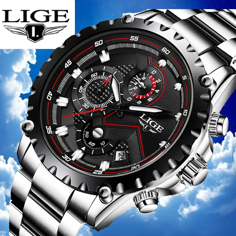 

LIGE Top Luxury Waterproof Chronograph Quartz Stainless Steel Strap Sport Style Mens Watches Automatic Date relogio masculino