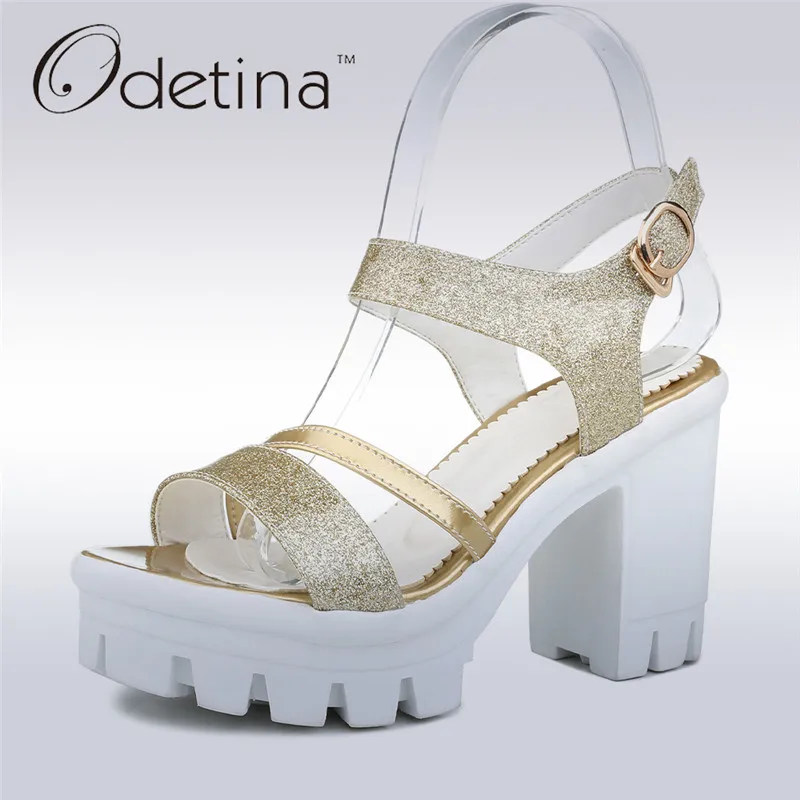 

Odetina 2017 Summer Silver Gold Sandals Thick High Heels Ladies Shoes Glitter Sandals Open Toe Platform Chunky Heel Plus Size 44
