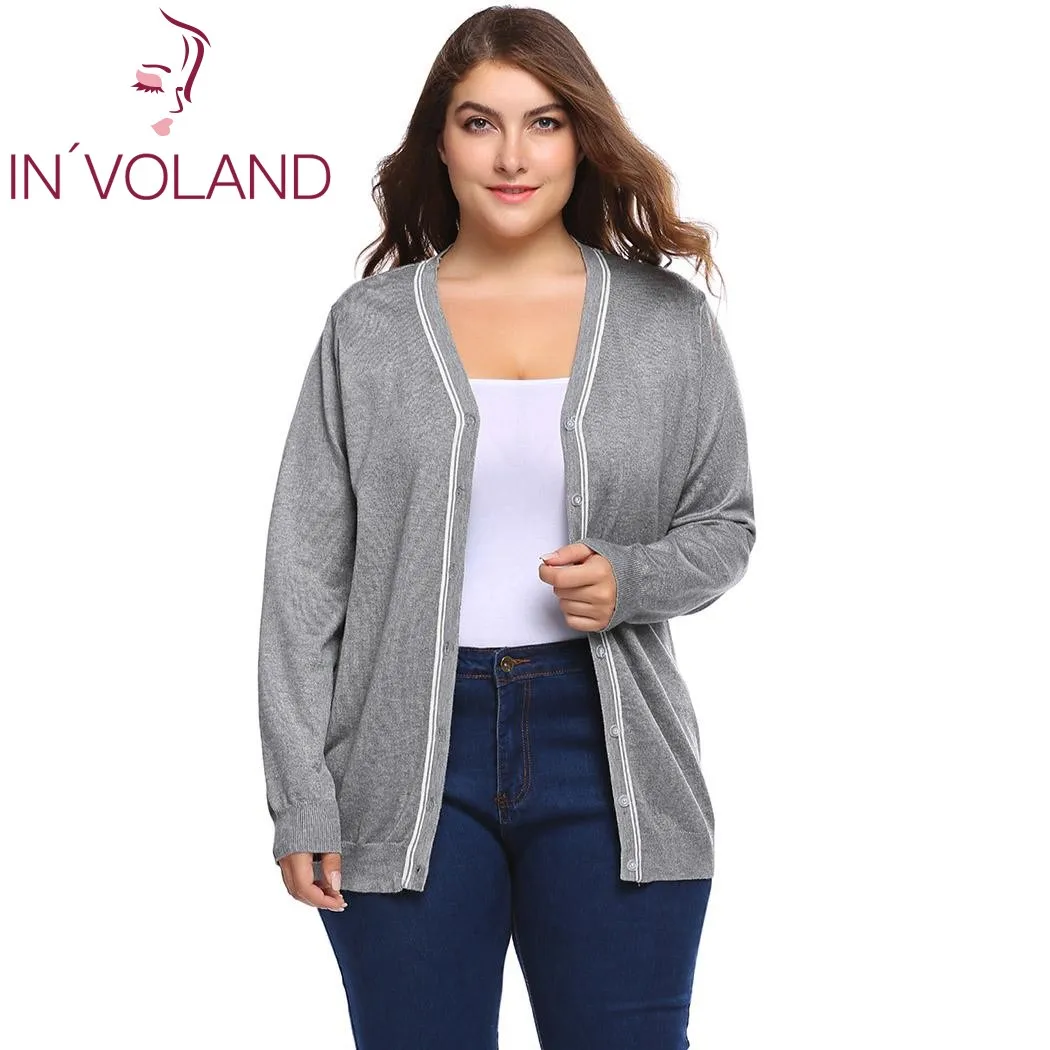 IN'VOLAND размера плюс L-4XL, женский свитер, кардиган, осень, Повседневный, длинный рукав, на пуговицах, пэчворк, трикотаж, большое пальто, топ, большой размер