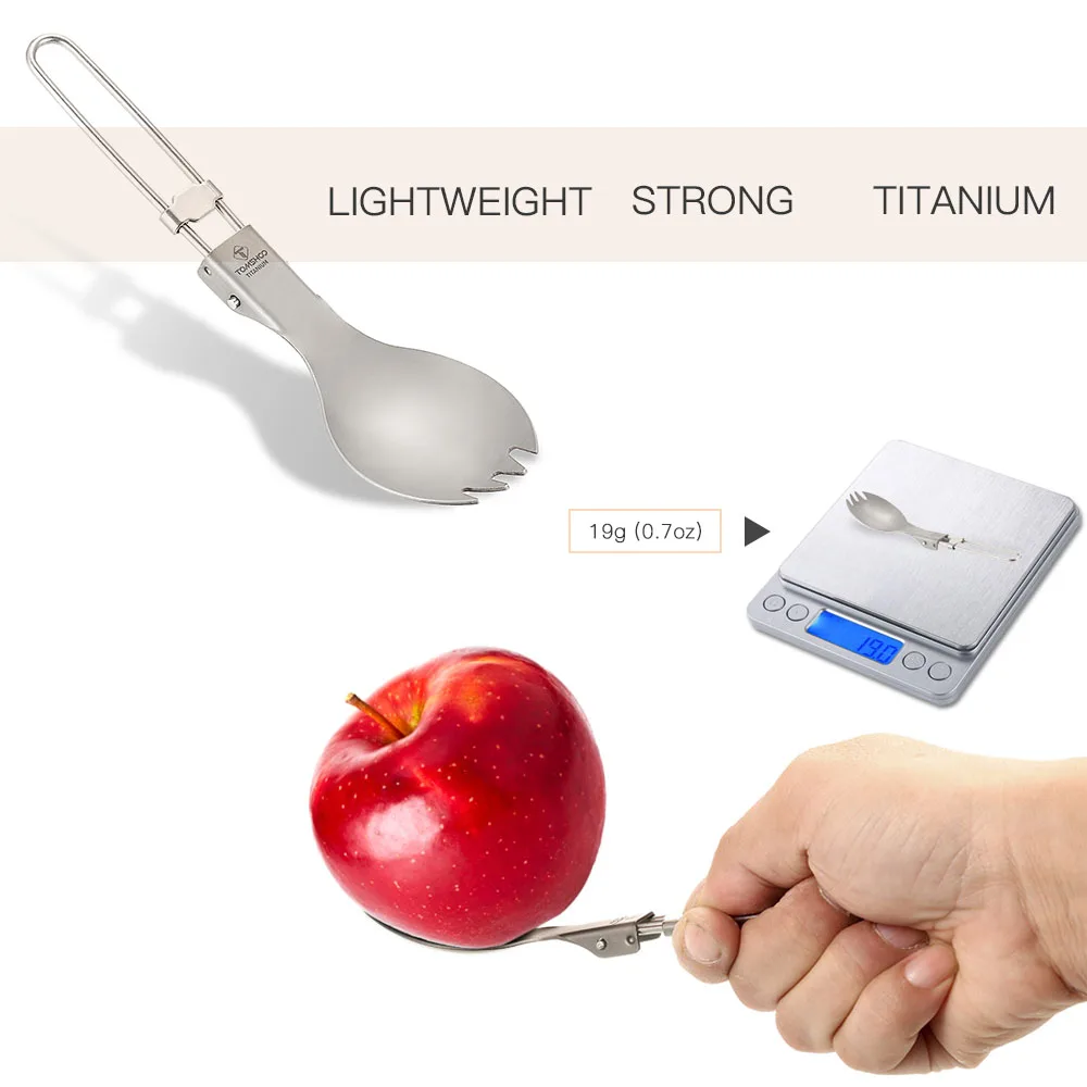 Outdoor Camping Tableware Titanium Spoon Fork 2-in-1 Folding Spork Hiking Backpacking Dinner Spork Utensil Spoon Fork TOMSHOO