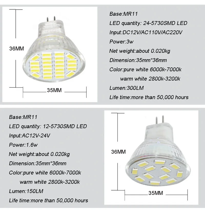 JYL 10 шт высокой мощности MR11 5730 SMD 12/15/24 светодиодный s энергосбережения светодиодный свет лампочка, лампа направленного света 1,6 W 2 W 3 W DC12V AC12-24V
