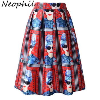 

Neophil 2020 Summer European Fashion Style Girl Portrait Print Red Pleated High Waist Tutu Skater Midi Pleated Skirts Saia S0905